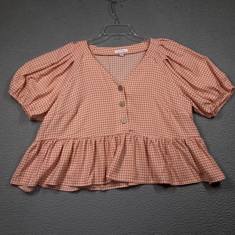 LC Lauren Conrad Crop Top Women's Petite XL Brown Plaid Sleeve Cottagecore‎